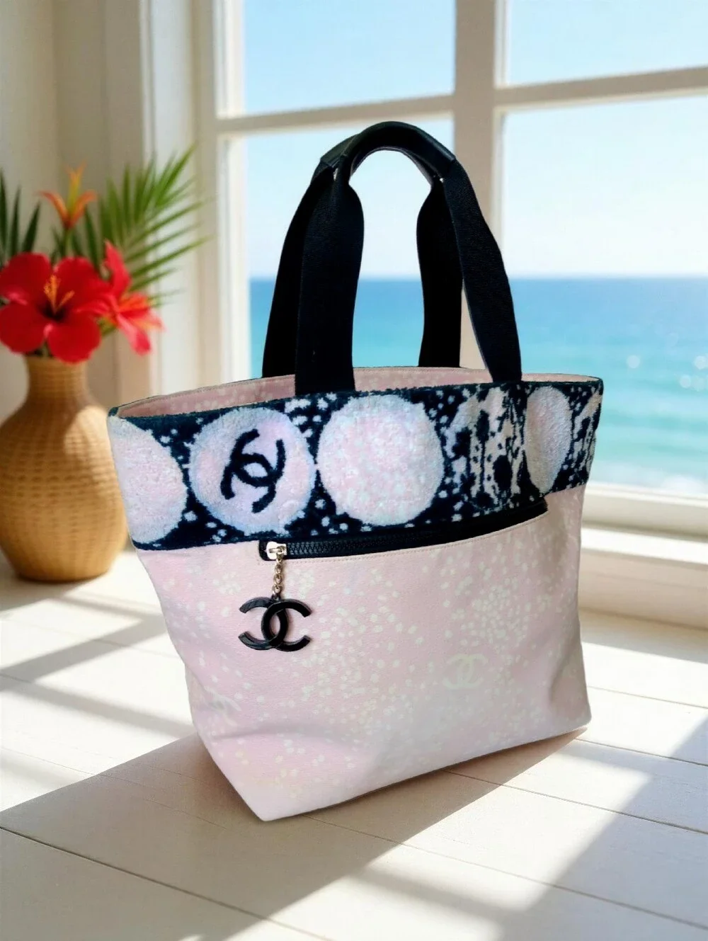 Chanel Pink Canvas & Terry Cloth CC Summer Beach Tote Bag ✨ COA